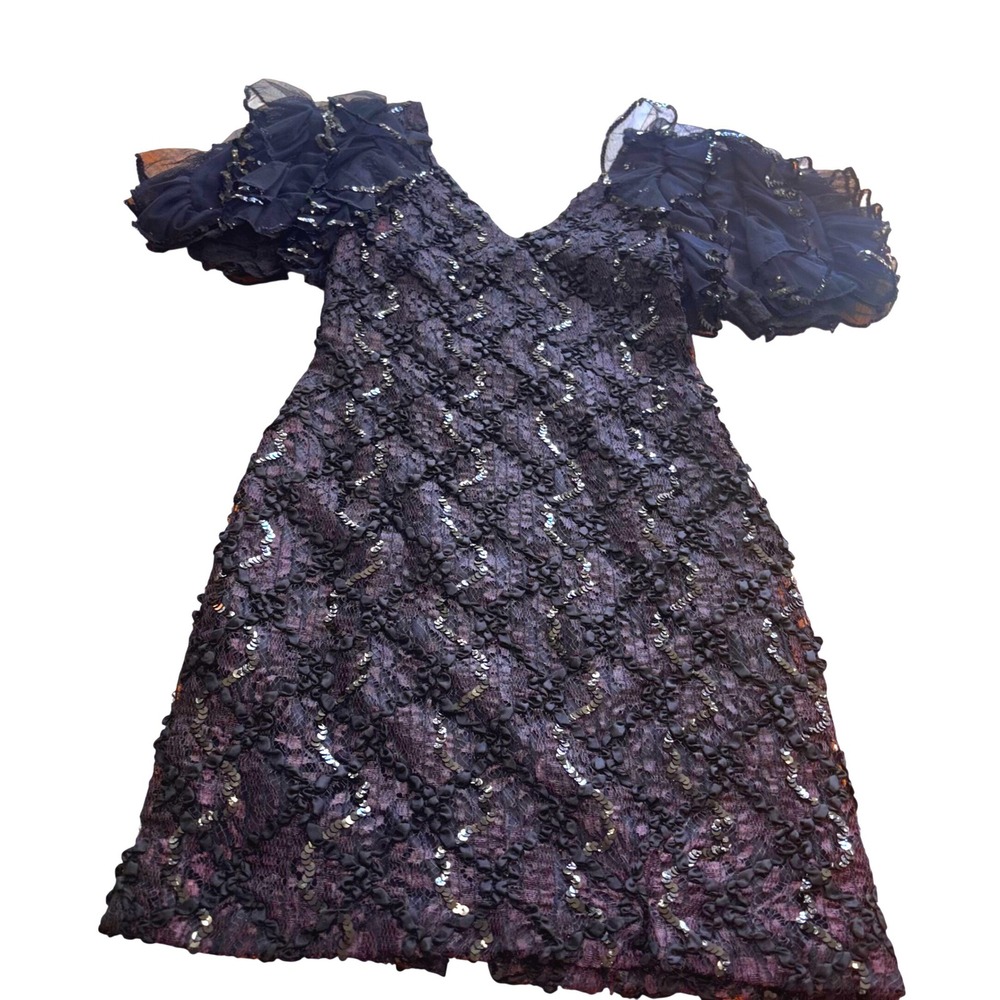 Vintage 80s Susan Roselli Black Sequined Ruffle Puff Sleeve Cocktail Dress L